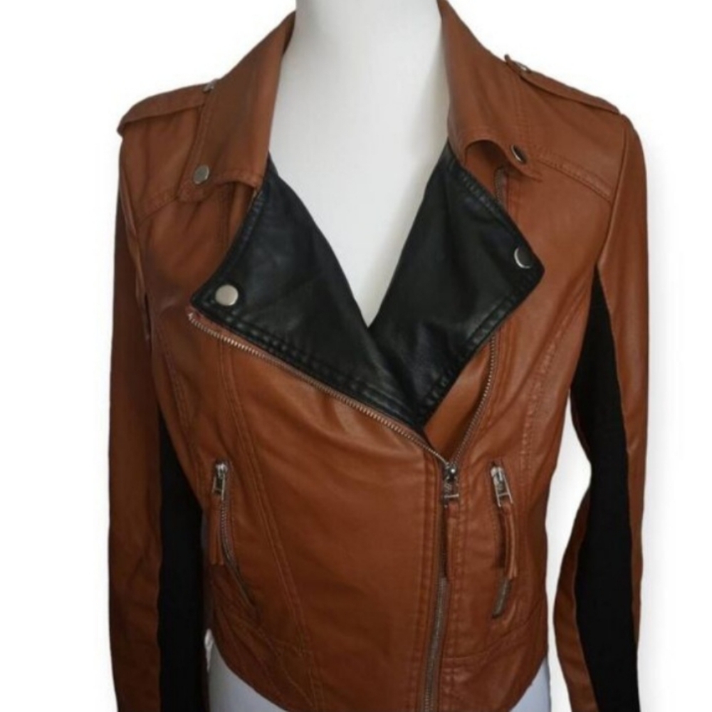 NEW LOOK COGNAC & BLACK MOTO JACKET SZ.L EUC. - Picture 3 of 9